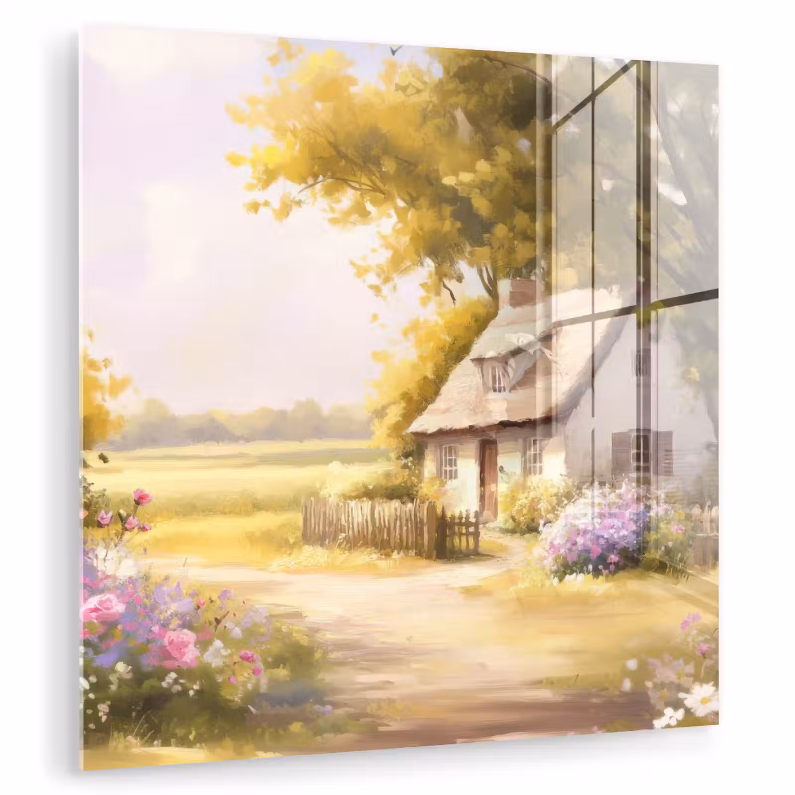 Glas schilderij - Huisje - Hout - Bloemen — 1