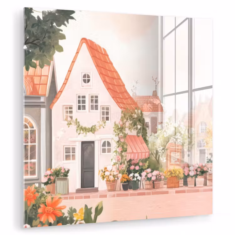 Glas schilderij - Bloemen - Huizen - Dorp — 1