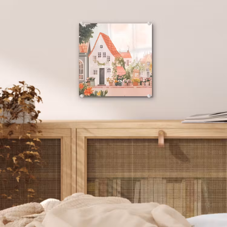 Glas schilderij - Bloemen - Huizen - Dorp — 5