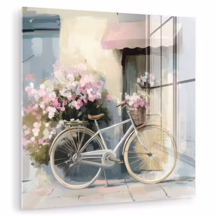 Glas schilderij - Fiets - Pastelkleuren - Bloemen — 1