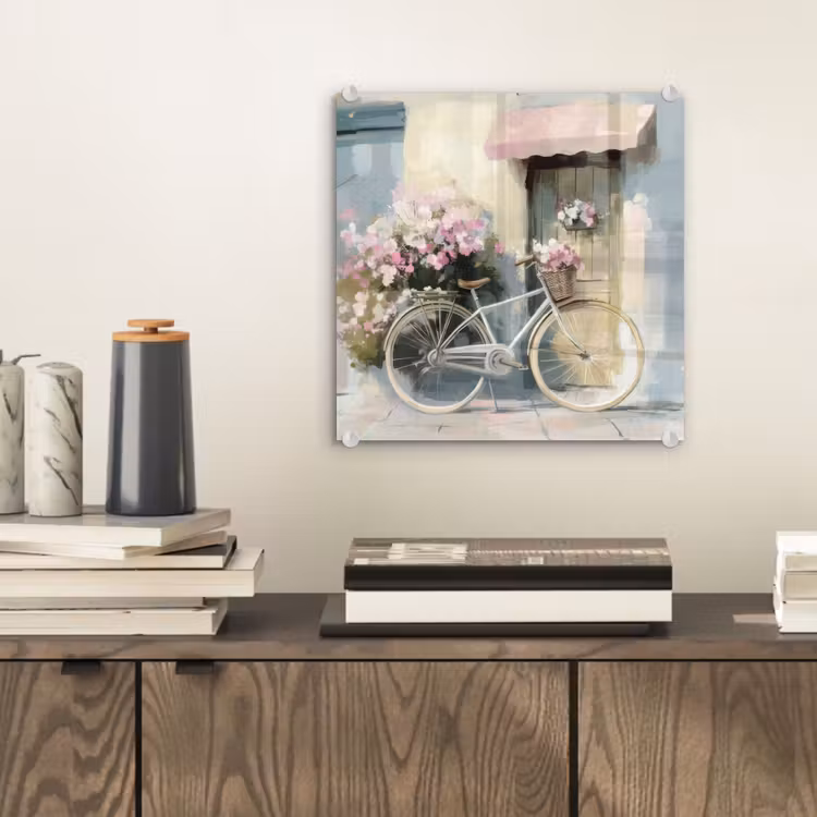 Glas schilderij - Fiets - Pastelkleuren - Bloemen — 2
