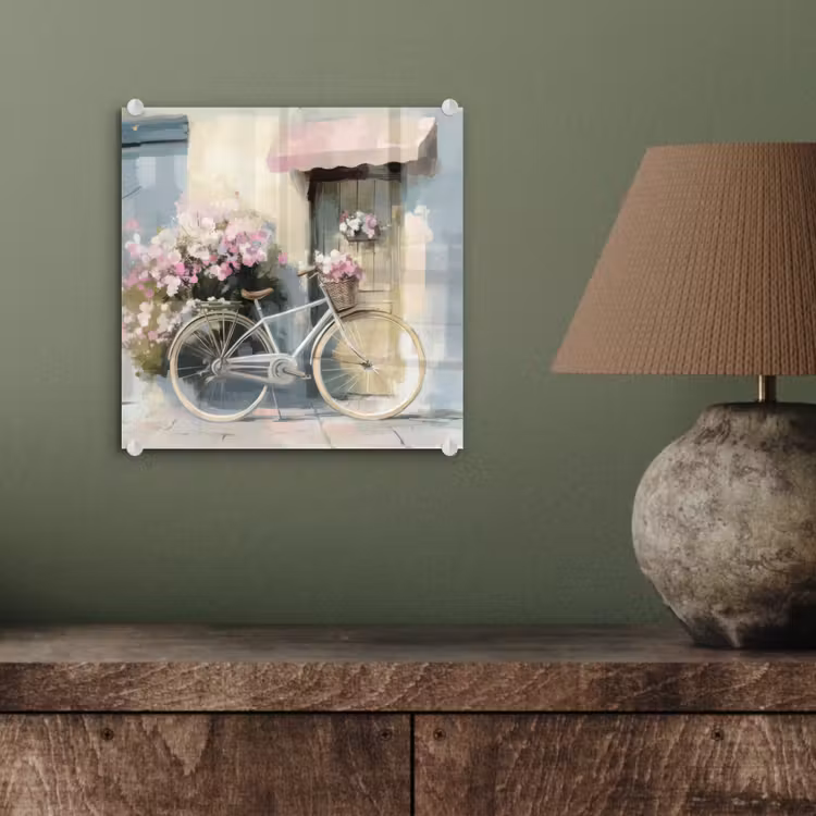 Glas schilderij - Fiets - Pastelkleuren - Bloemen — 4