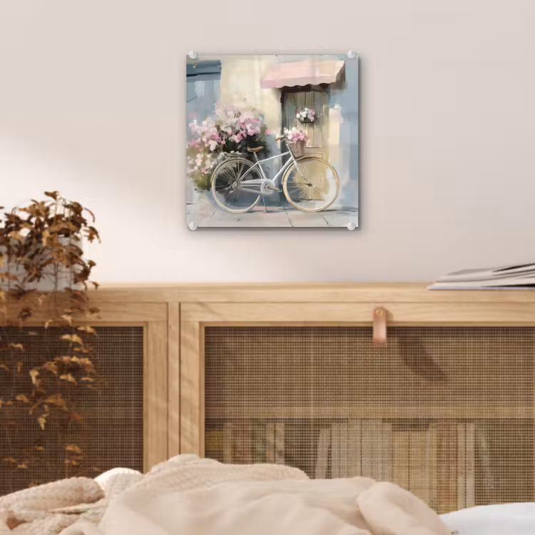 Glas schilderij - Fiets - Pastelkleuren - Bloemen — 5