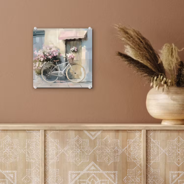 Glas schilderij - Fiets - Pastelkleuren - Bloemen — 6