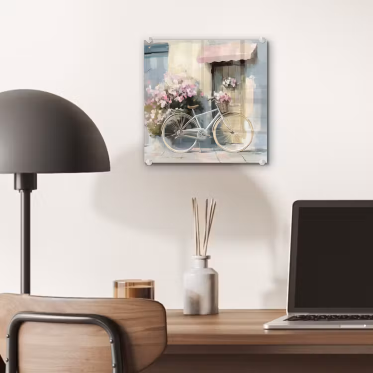 Glas schilderij - Fiets - Pastelkleuren - Bloemen — 7