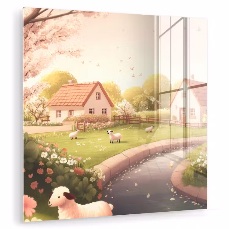 Glas schilderij - Schapen - Huisje - Platteland — 1