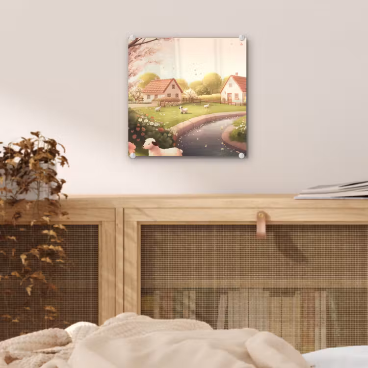 Glas schilderij - Schapen - Huisje - Platteland — 5