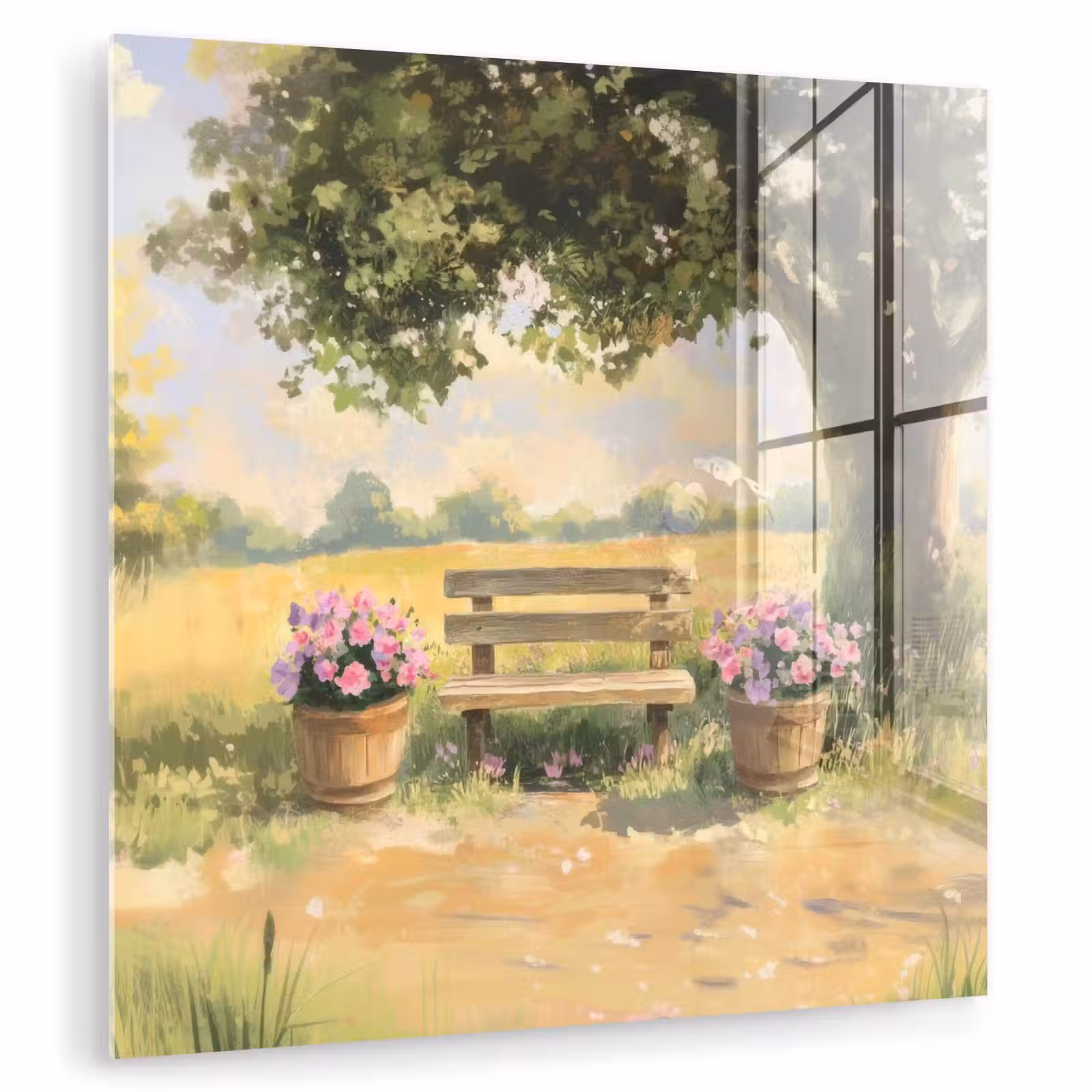 Glas schilderij - Houten bankje - Bloempotten - Landschap — 1