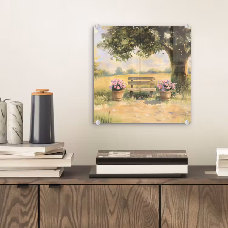 Glas schilderij - Houten bankje - Bloempotten - Landschap — 2