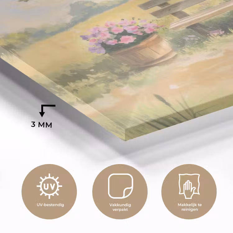 Glas schilderij - Houten bankje - Bloempotten - Landschap — 3