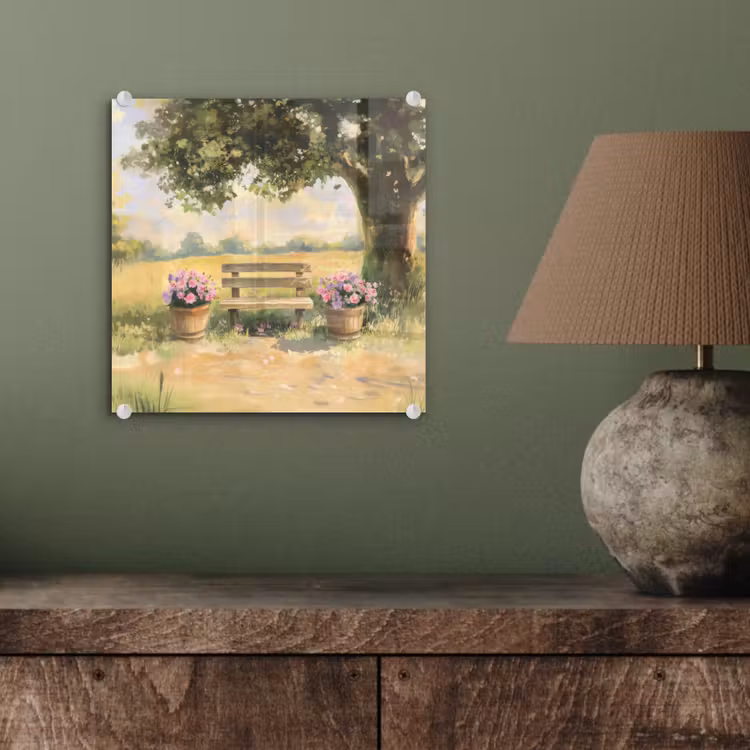 Glas schilderij - Houten bankje - Bloempotten - Landschap — 4