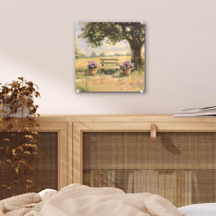 Glas schilderij - Houten bankje - Bloempotten - Landschap — 5