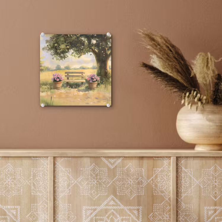 Glas schilderij - Houten bankje - Bloempotten - Landschap — 6