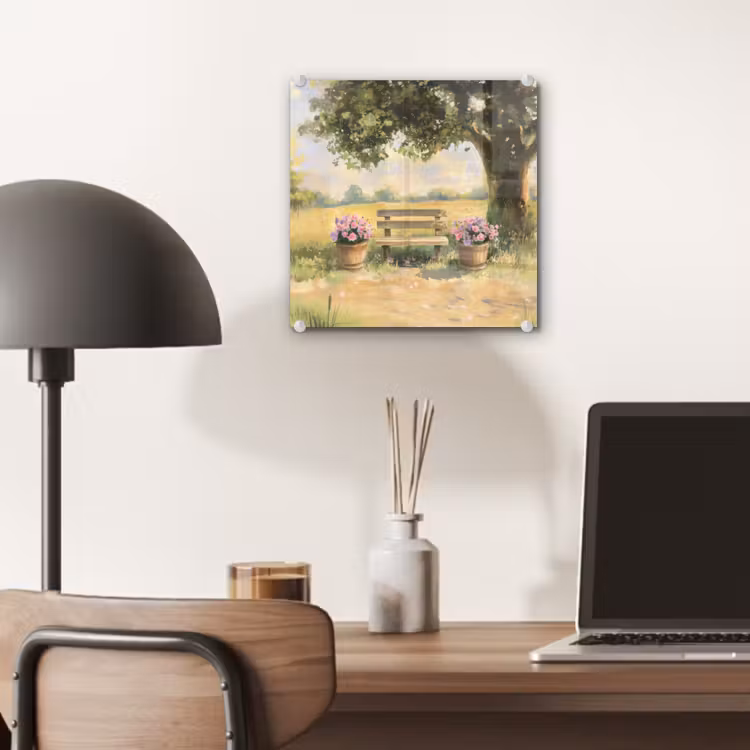 Glas schilderij - Houten bankje - Bloempotten - Landschap — 7