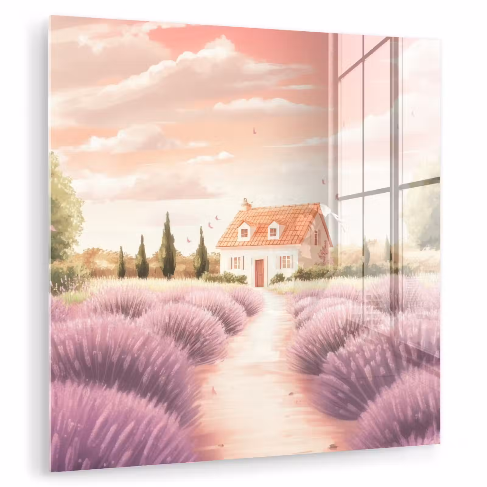 Glas schilderij - Lavendelveld - Huis - Paars — 1