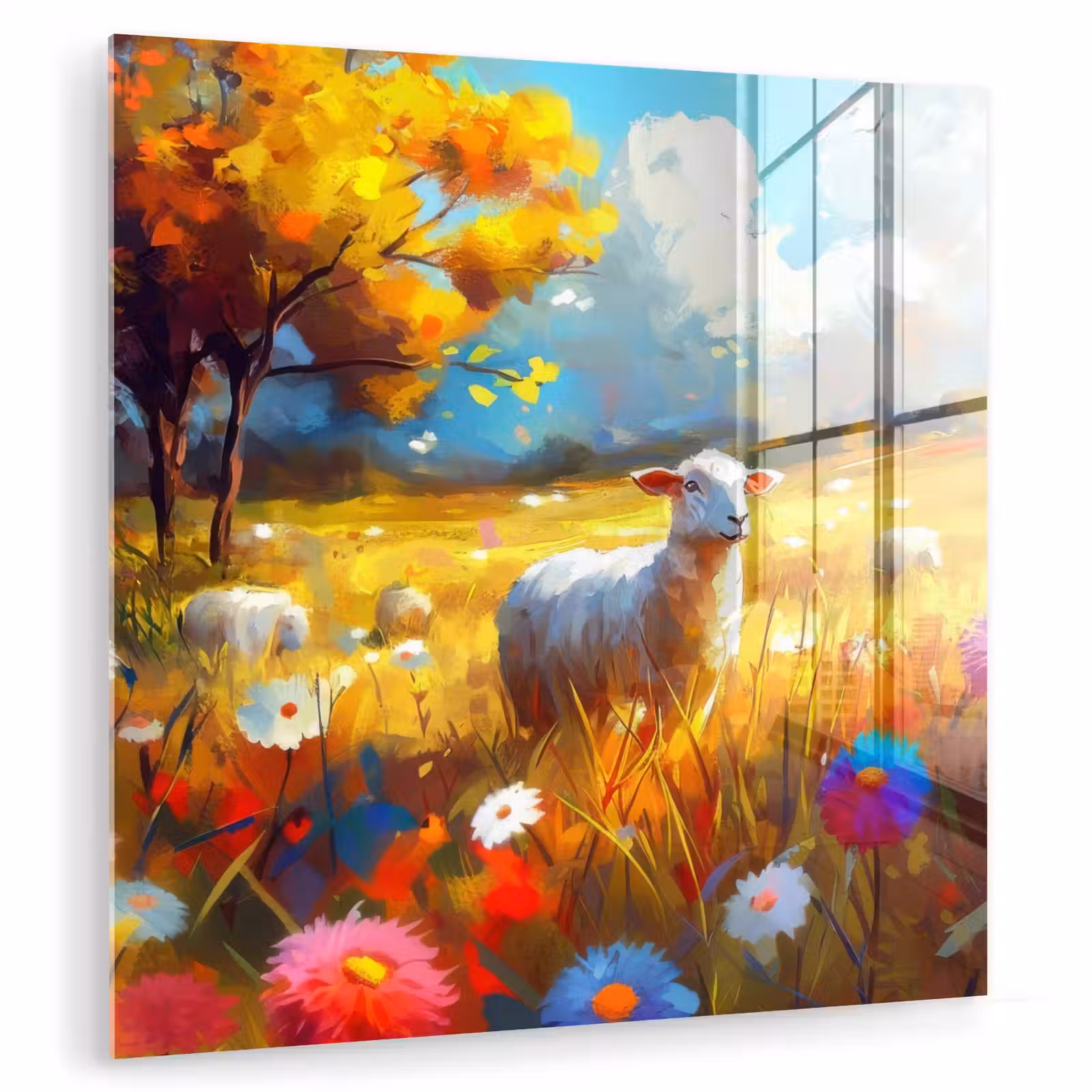 Glas schilderij - Schaap - Weide - Bloemen — 1