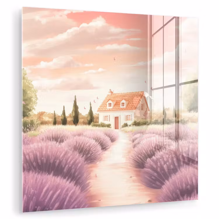 Glas schilderij - Lavendelveld - Huis - Paars — 1