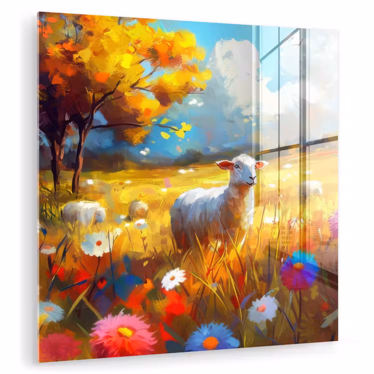 Glas schilderij - Schaap - Weide - Bloemen — 1