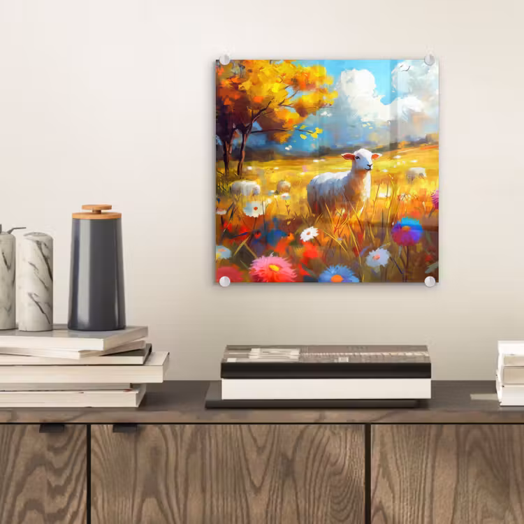 Glas schilderij - Schaap - Weide - Bloemen — 2