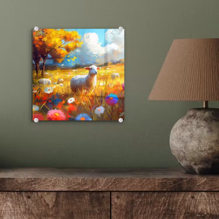 Glas schilderij - Schaap - Weide - Bloemen — 4