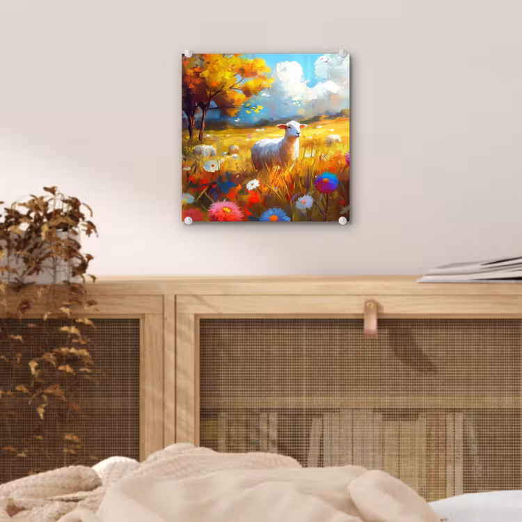 Glas schilderij - Schaap - Weide - Bloemen — 5