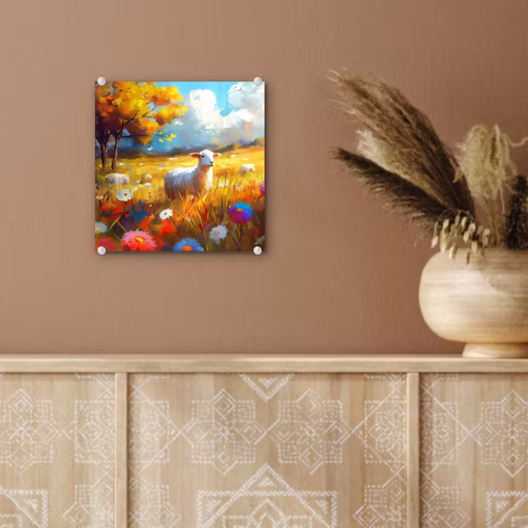 Glas schilderij - Schaap - Weide - Bloemen — 6