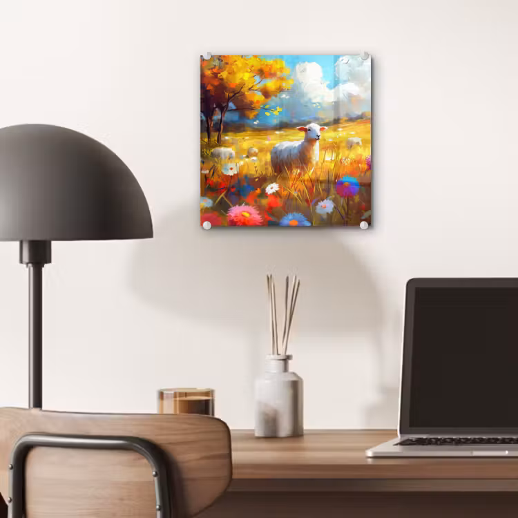 Glas schilderij - Schaap - Weide - Bloemen — 7