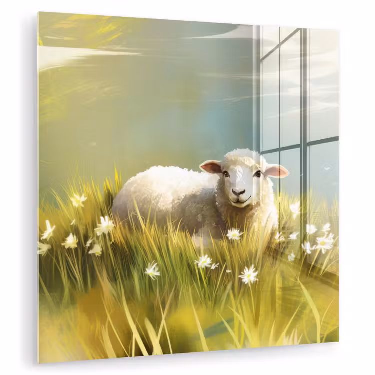 Glas schilderij - Schaap - Weide - Groen — 1