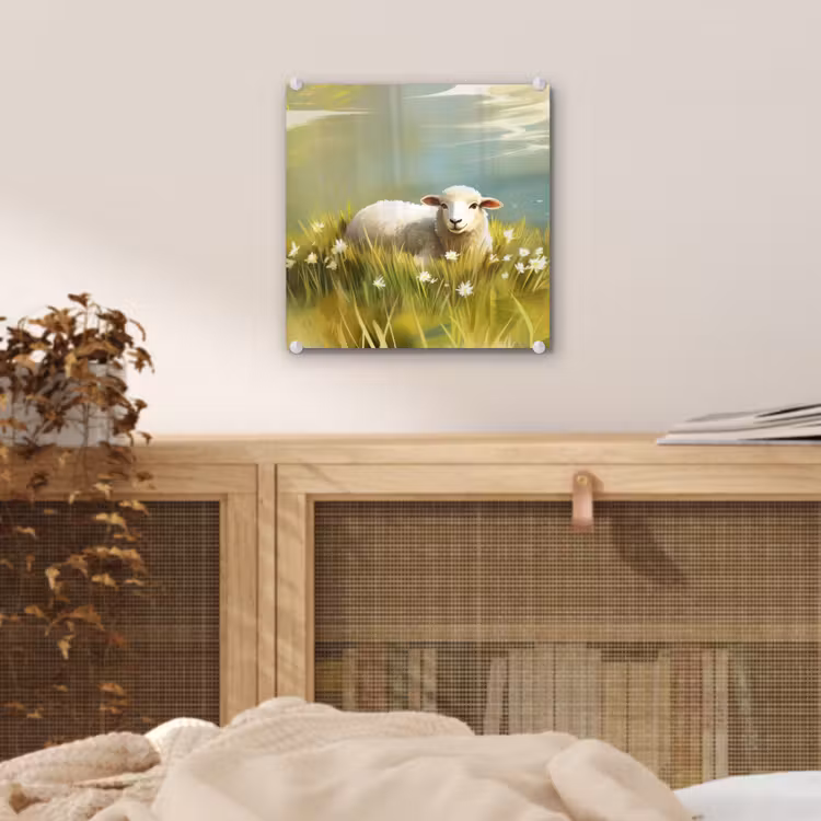 Glas schilderij - Schaap - Weide - Groen — 5