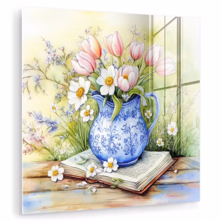 Glas schilderij - Vaas - Delftsblauw - Madeliefjes — 1