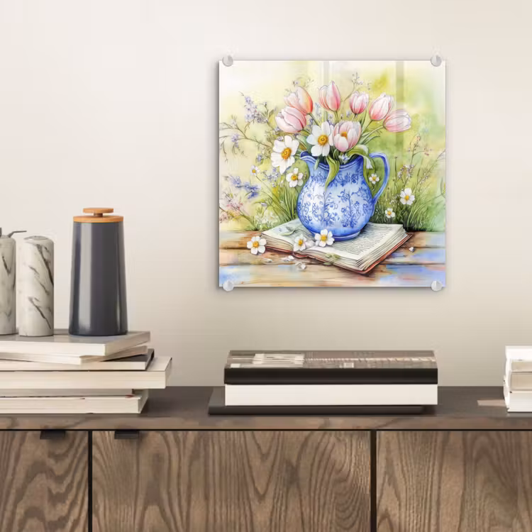 Glas schilderij - Vaas - Delftsblauw - Madeliefjes — 2