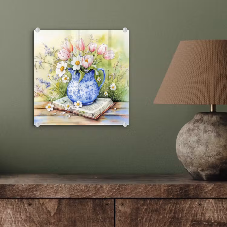 Glas schilderij - Vaas - Delftsblauw - Madeliefjes — 4