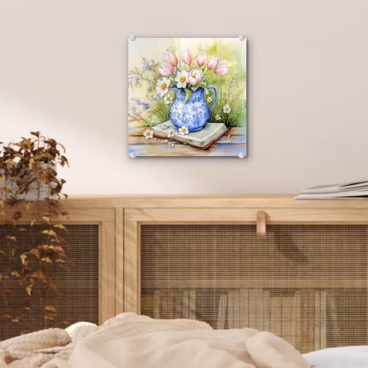 Glas schilderij - Vaas - Delftsblauw - Madeliefjes — 5