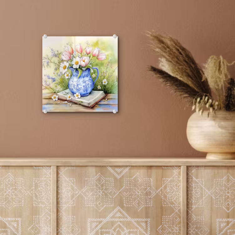 Glas schilderij - Vaas - Delftsblauw - Madeliefjes — 6