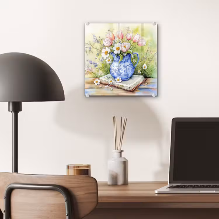 Glas schilderij - Vaas - Delftsblauw - Madeliefjes — 7