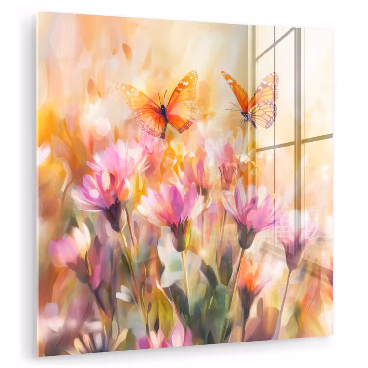 Glas schilderij - Vlinders - Oranje - Bloemen — 1