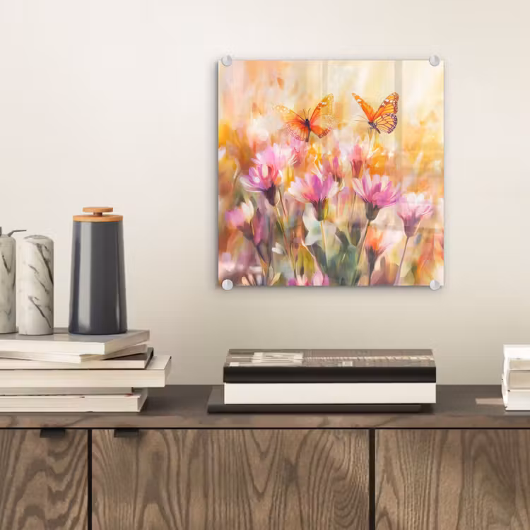 Glas schilderij - Vlinders - Oranje - Bloemen — 2