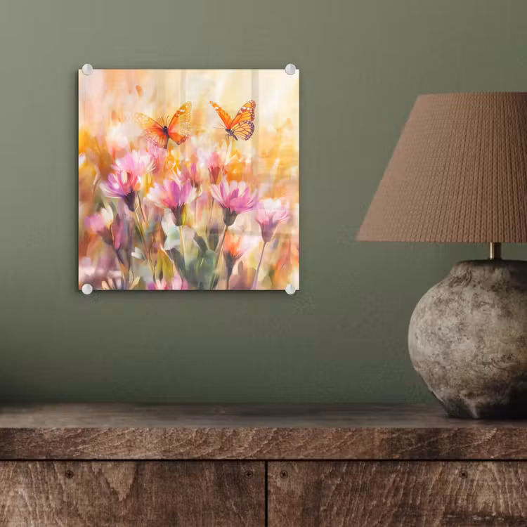 Glas schilderij - Vlinders - Oranje - Bloemen — 4