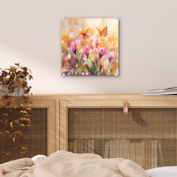 Glas schilderij - Vlinders - Oranje - Bloemen — 5