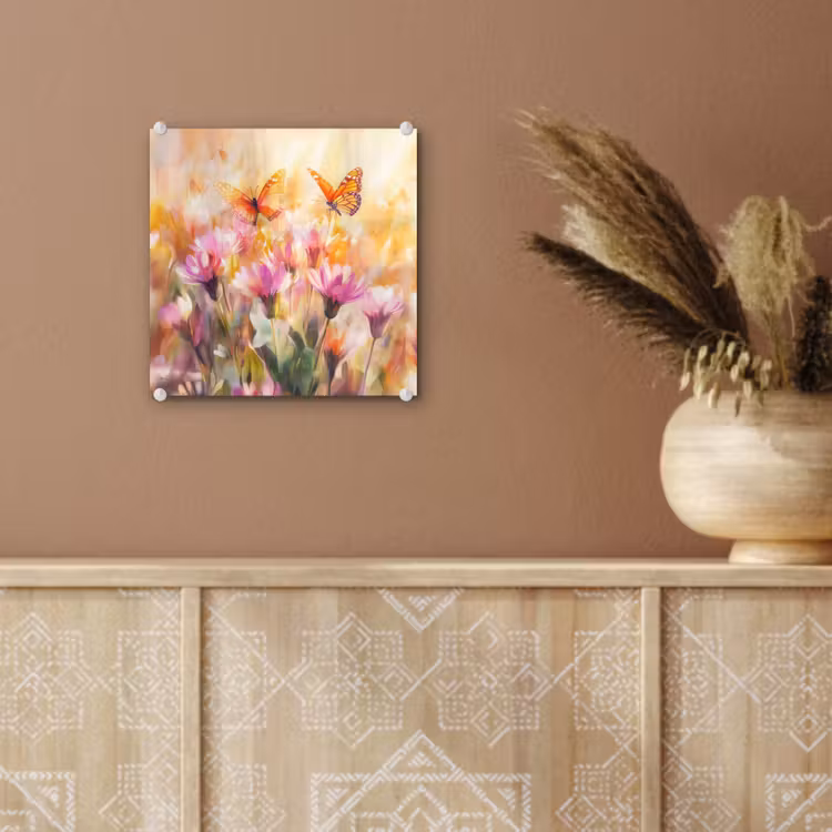 Glas schilderij - Vlinders - Oranje - Bloemen — 6