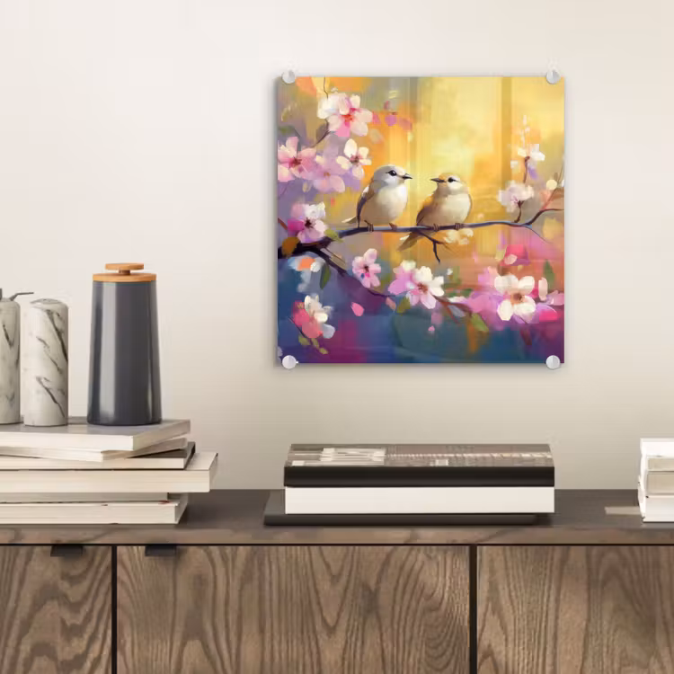 Glas schilderij - Vogels - Bloemen - Roze — 2