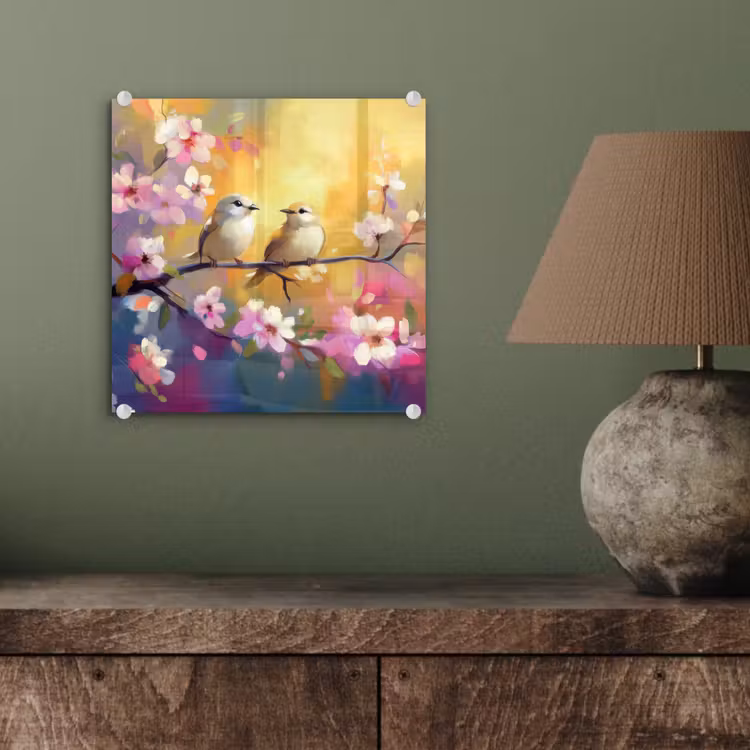 Glas schilderij - Vogels - Bloemen - Roze — 4