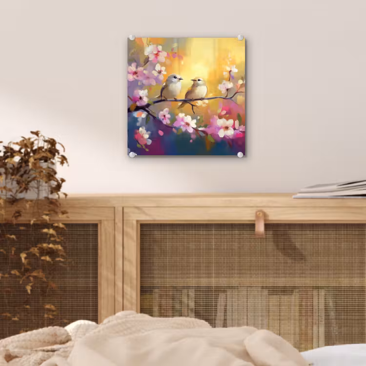 Glas schilderij - Vogels - Bloemen - Roze — 5