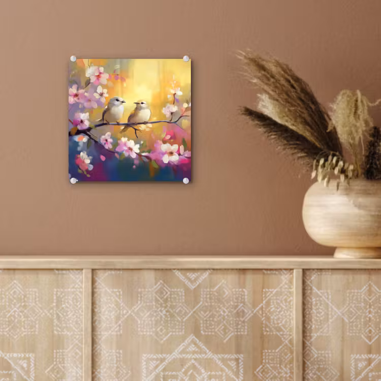 Glas schilderij - Vogels - Bloemen - Roze — 6