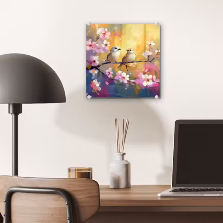 Glas schilderij - Vogels - Bloemen - Roze — 7