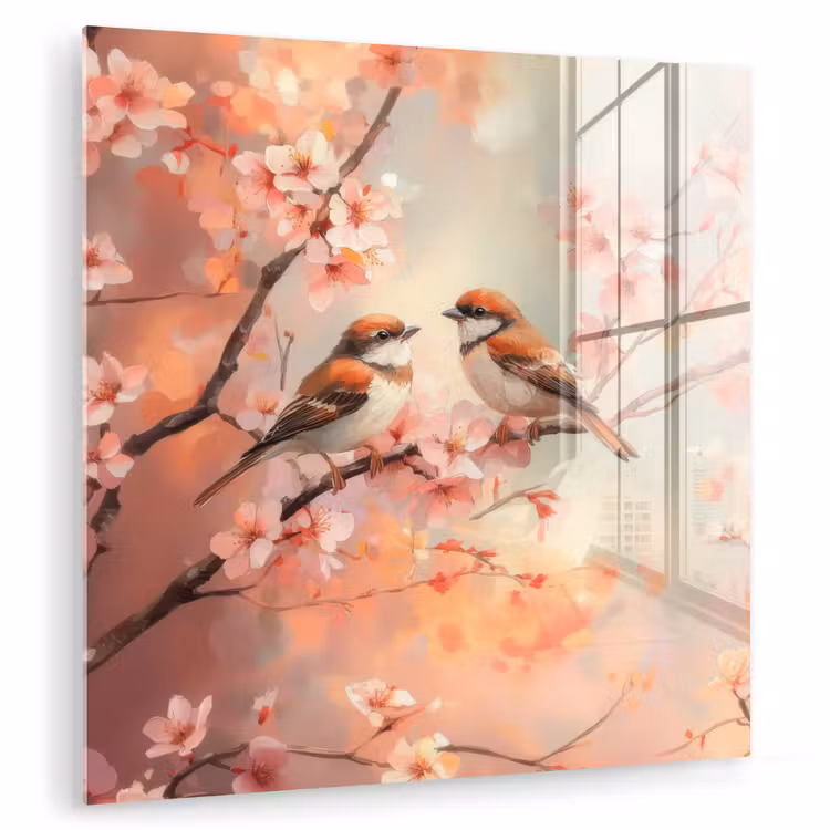 Glas schilderij - Vogels - Romantic - Bloesemtak — 1