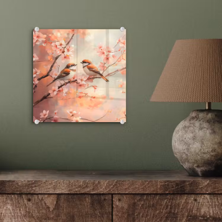 Glas schilderij - Vogels - Romantic - Bloesemtak — 4