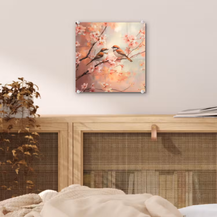 Glas schilderij - Vogels - Romantic - Bloesemtak — 5
