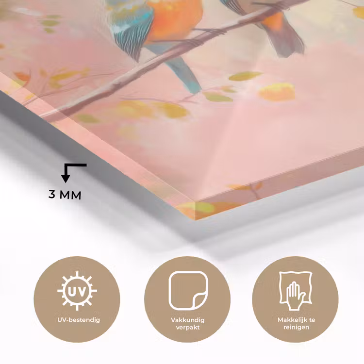Glas schilderij - Vogels - Tak - Quote - Roze — 3