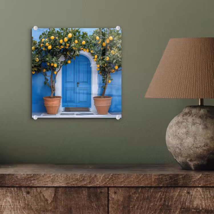 Glas schilderij - Citroenbomen - Geel - Deur - Potten — 4